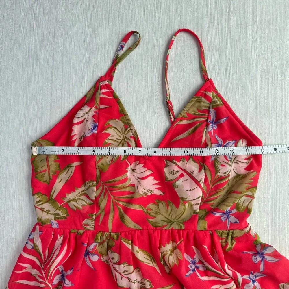 JAPNA V Neck Floral Maxi Dress S‎ Tropical Leaf Red Green Smocked Back